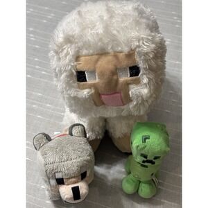 Minecraft Lot Of 3 Plush Toys Creeper, Wolf Dog, Soft White Sheep Pillow